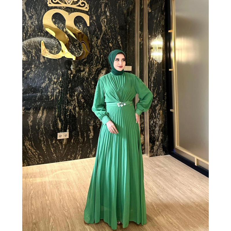 gamis Plisket Import free belt edisi raya ori shellasaukia
