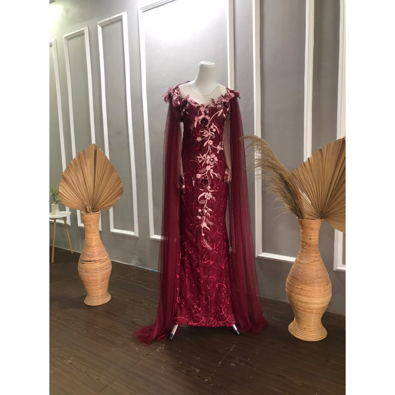 Slim dress wedding pengantin maroon pl gaun