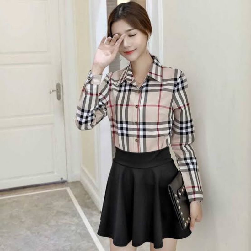 Kemeja Kotak Kotak Klasik Wanita Kotak Kemeja Korea Retro Longgar Lengan Panjang Kemeja Katun Motif 