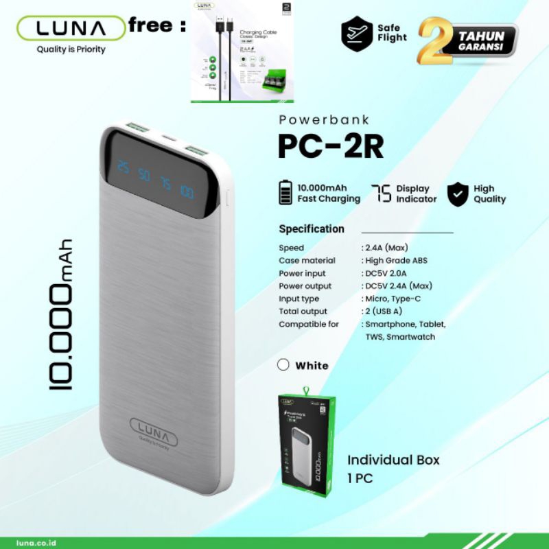 POWERBANK PB LUNA TIPE PC-2R 10.000MAH FAST CHARGING IN DISPLAY INDIKATOR FREE KABEL DATA TYPE C MICRO LIGHTNING