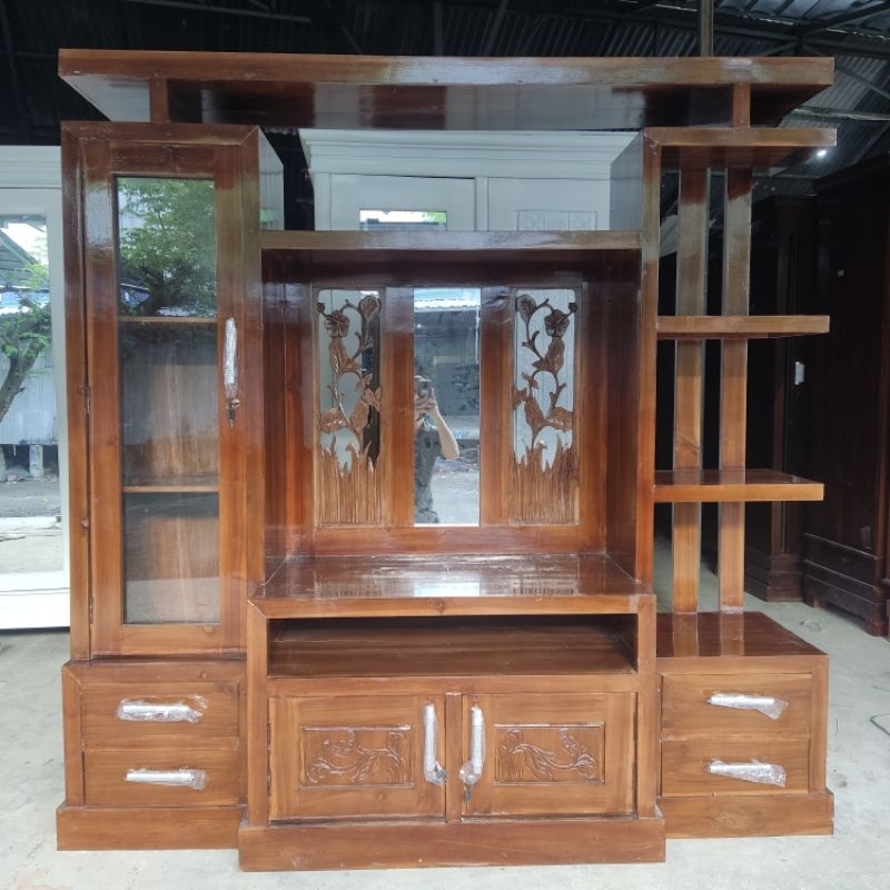 lemari partisi jati minimalis tv dan pembatas ruangan