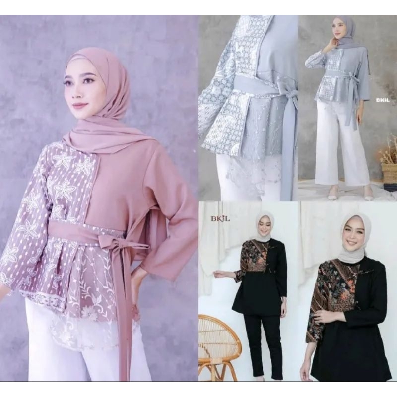 (Bisa cod) blous kombinasi blous tile brokat atasan wanita baju batik blous moskrep baju kekinian ba