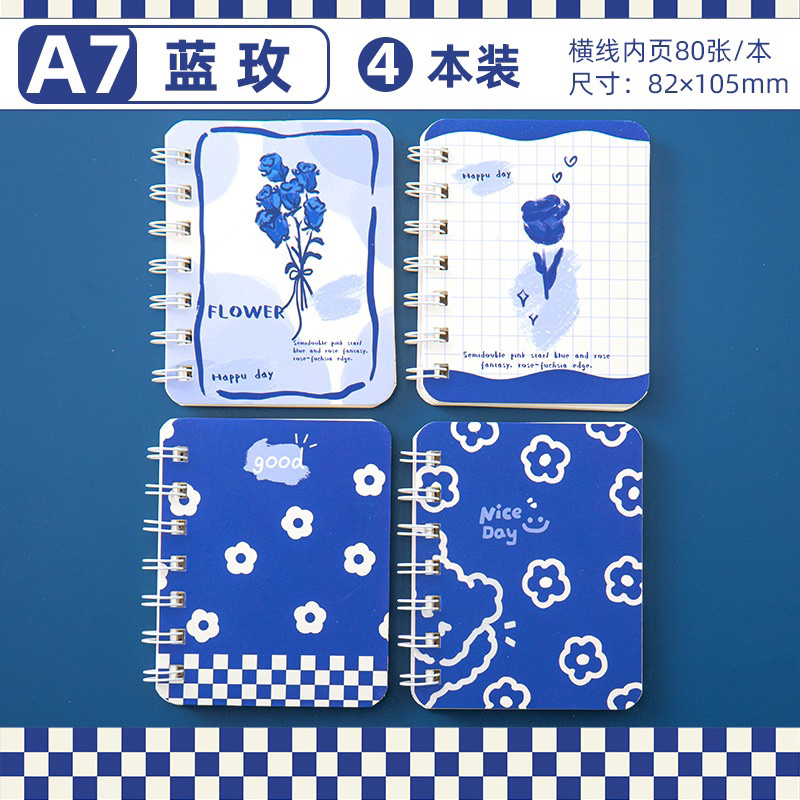 1 pcs Buku / Notebook Mini Ring A7 Motif-Biru Bunga