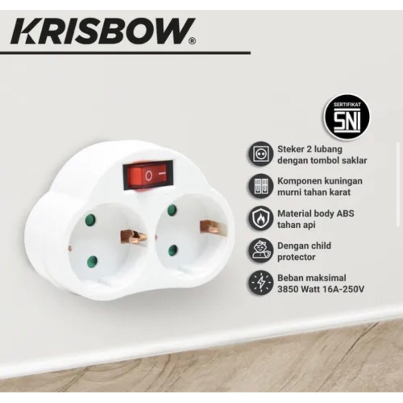 KRISBOW COLOKAN LISTRIK 2 LUBANG+SAKLAR/KRISBOW STEKER ARDE 2 ARAH/ACE TWO WAY SCHUKO ADAPTOR WITH SWITCH/ACE COLOKAN LISTRIK DOUBLE