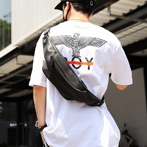 ONLYONE12 Tas Selempang Kulit / Tas Pria Tas Selempang Dada / Tas Pria Warna Hitam Polos / Waist Bag Pria