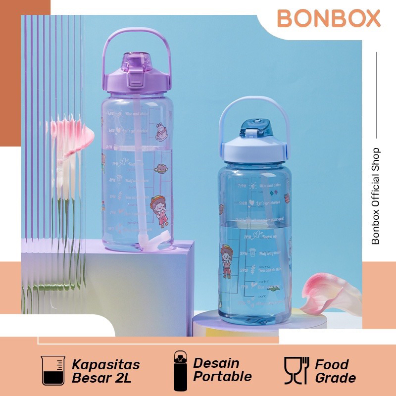 Bonbox BC60 BC70 Botol Minum Motivasi 2 Liter 2000ml1400ml Jumbo Tumblr Portable Sport Air Plastik Bening Handle Botol Minum VIral