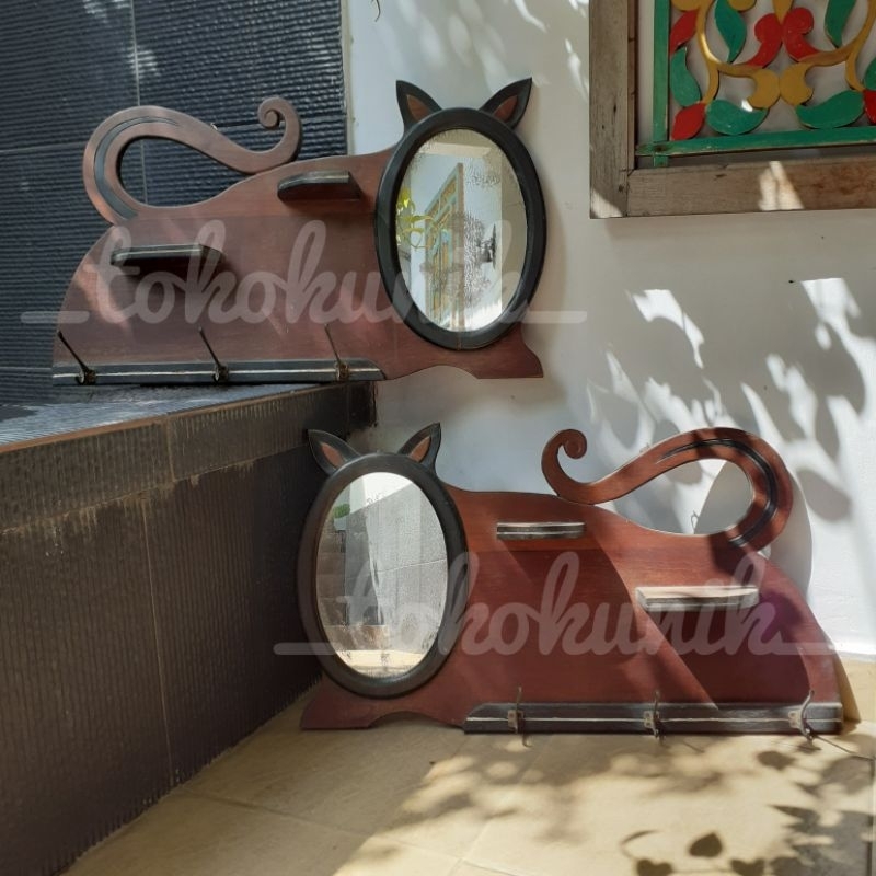 SEPASANG Kapstok Cermin Jati Antik Kuno Lawas Jadul Vintage (Kucing-B)