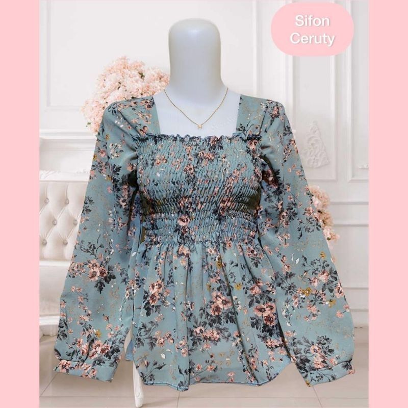 Enzella Blouse Kerut Dada motif Bunga Korean style