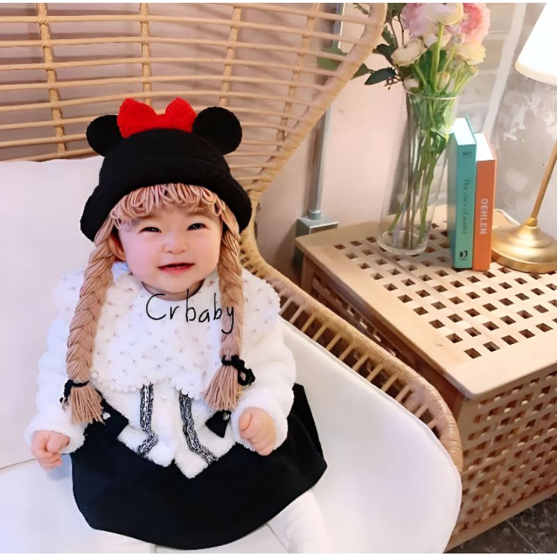 topi bayi anak rajut baby kepang micky pita