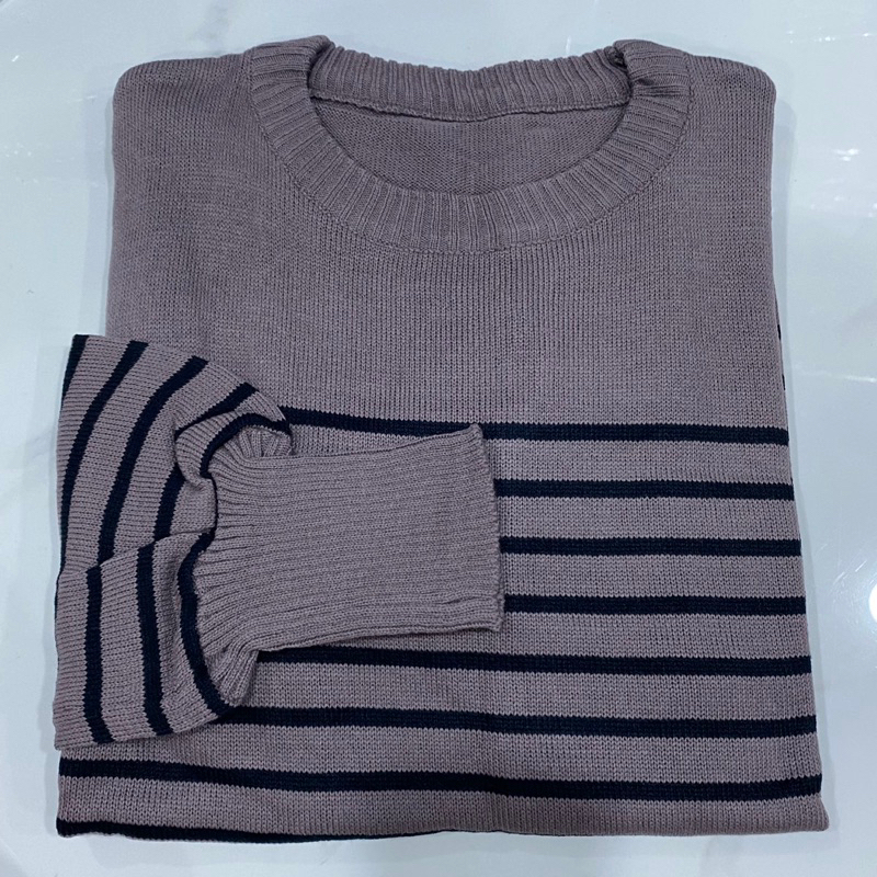 RISKA SWEATER  SALUR STRIPES BIGSIZE POLOS RAJUT HALUS ADEM BAGUS MURAH XL XXL TANGAN PANJANG