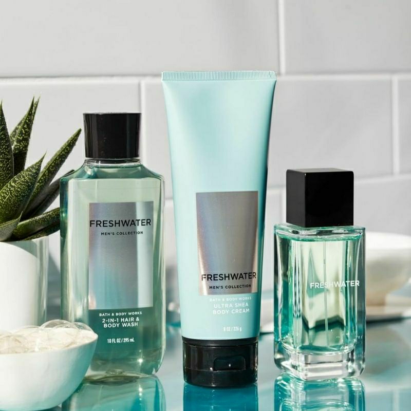 BATH AND BODY WORKS BBW MENS COLLECTION FRESHWATER SERIES BODY CREAM 226 G &amp; 70 G 2IN1 3IN1 HAIR , FACE &amp; BODY WASH 295 ML &amp; 88 ML DEODORIZING BODY SPRAY 104 G MINI COLOGNE 100 G &amp; 15 ML SHAVE GEL 191 G ROOMSPRAY 42,5 G POCKETBAC HANDCREAM 29 ML