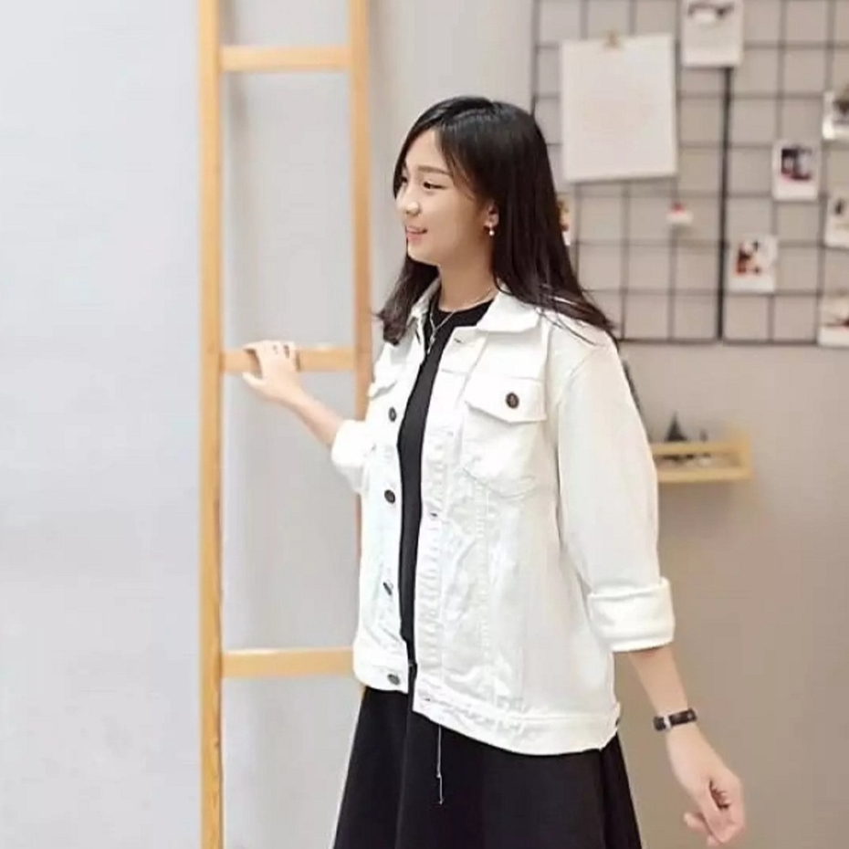 Jaket Jeans Boyfriend Oversize  Wanita - Putih / Jaket Jeans Denim Wanita - White