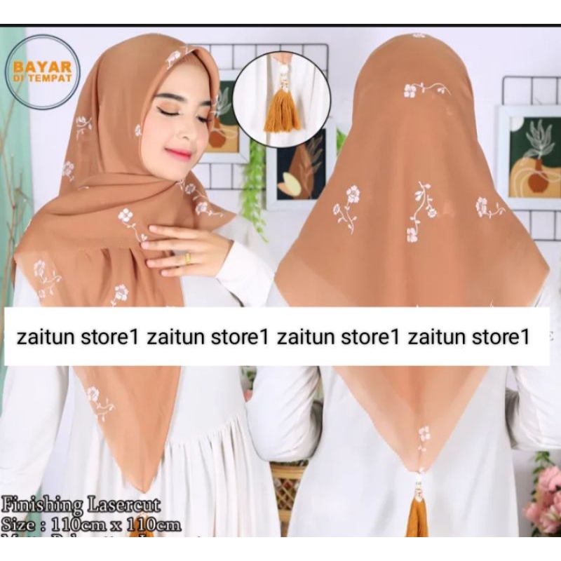 Hijab Segi Empat Tassel Jambul Mutiara Motif Bunga Lasercut Warna Terlengkap / Kerudung Segi4 pom-Pom Mutiara Model Terbaru Bella Square polos / Jilbab Segiempat Motif Bunga Laser Tassel Mutiara Jambul Anti Mleyot Trend Kekinian Modern Waffle laser cut 15