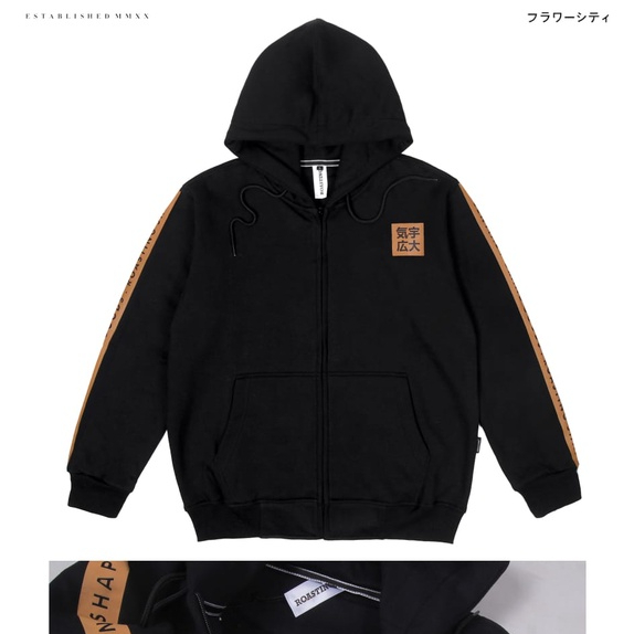 JAKET ZIPPER HOODIE BY ROASTING NEW ARRIVAL TRENDI BLACK ESSENTIAL BRAND LOKAL GOOD ROASTING SHAPE D