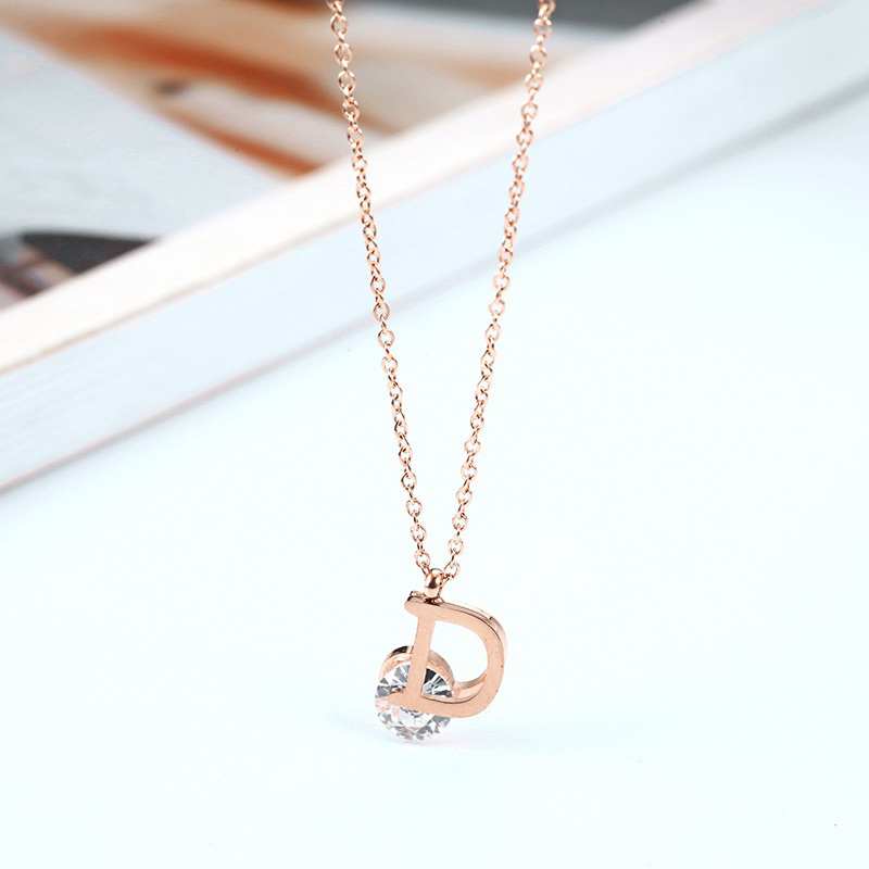 kalung huruf d cantik titanium asli rose gold diamonde