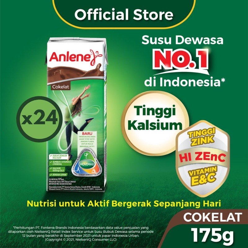 

Anlene Susu Dewasa UHT Cokelat 24 x 175ml - Nutrisi Tinggi Kalsium Untuk Tulang, Sendi, dan Otot