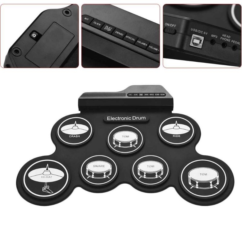 Ammoon Electronic Digital Drum Kit 7 Pads Folding USB Power - G3002 Black Hitam