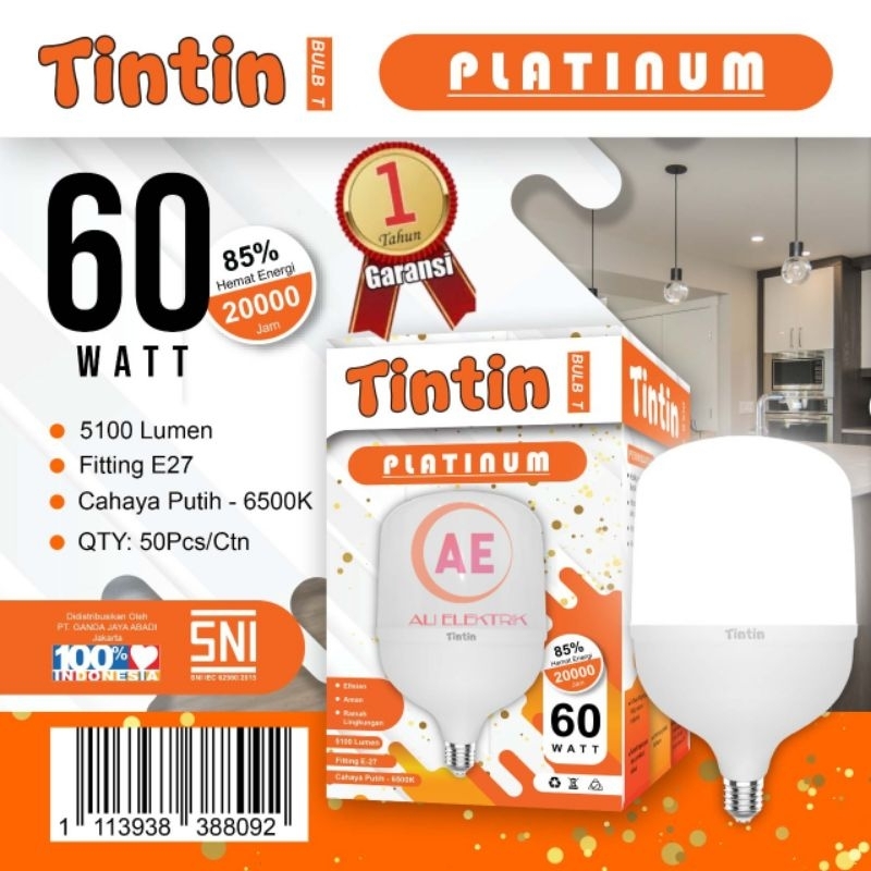 Lampu LED bergaransi Bulb T Tin Tin  Tintin Platinum 40w 50w 60w watt Cahaya Putih