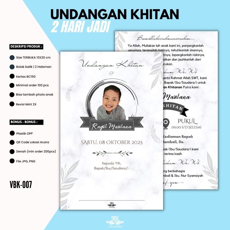 UNDANGAN SUNATAN KHITANAN TASYAKURAN AQIQAH HARGA MURAH UNIK PROSES CEPAT KEKINIAN VBK 007