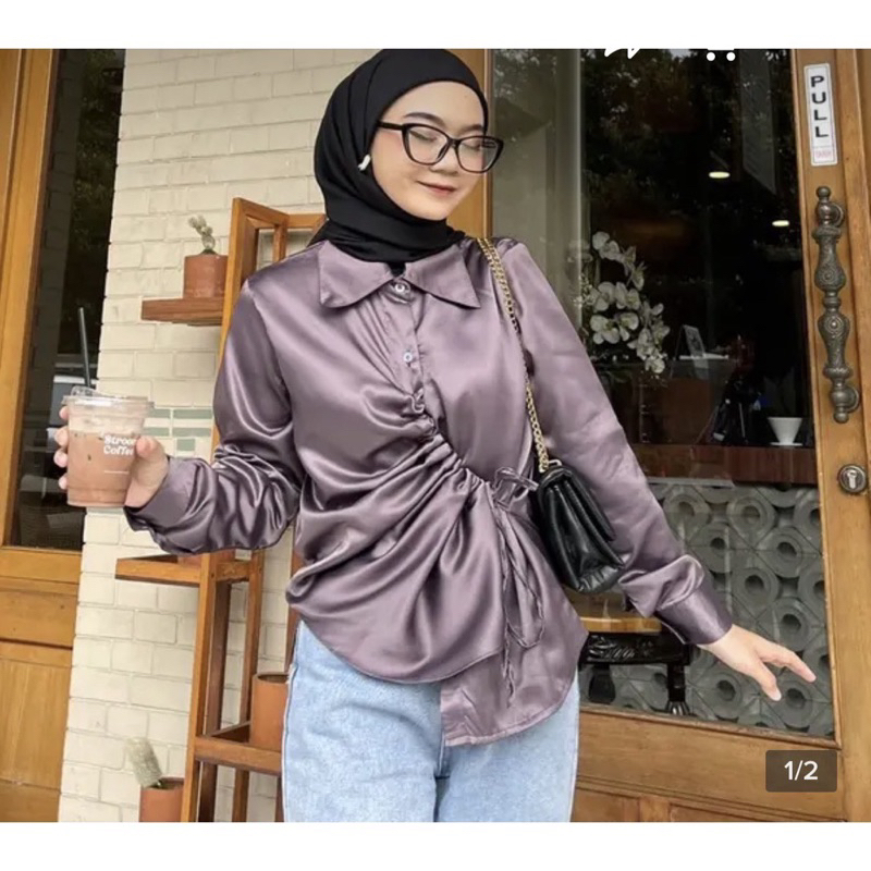 Fela Satin Silk | Blouse Kemeja Elegan Serut Korean Style.