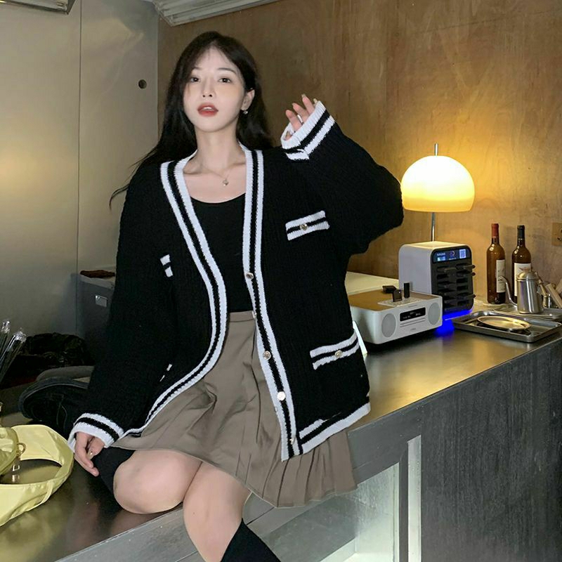 TheNext Amber | Lexa | Cardigan Knit Rajut Outwear Salur Garis-garis Two Tone Dua Warna Double Pocke