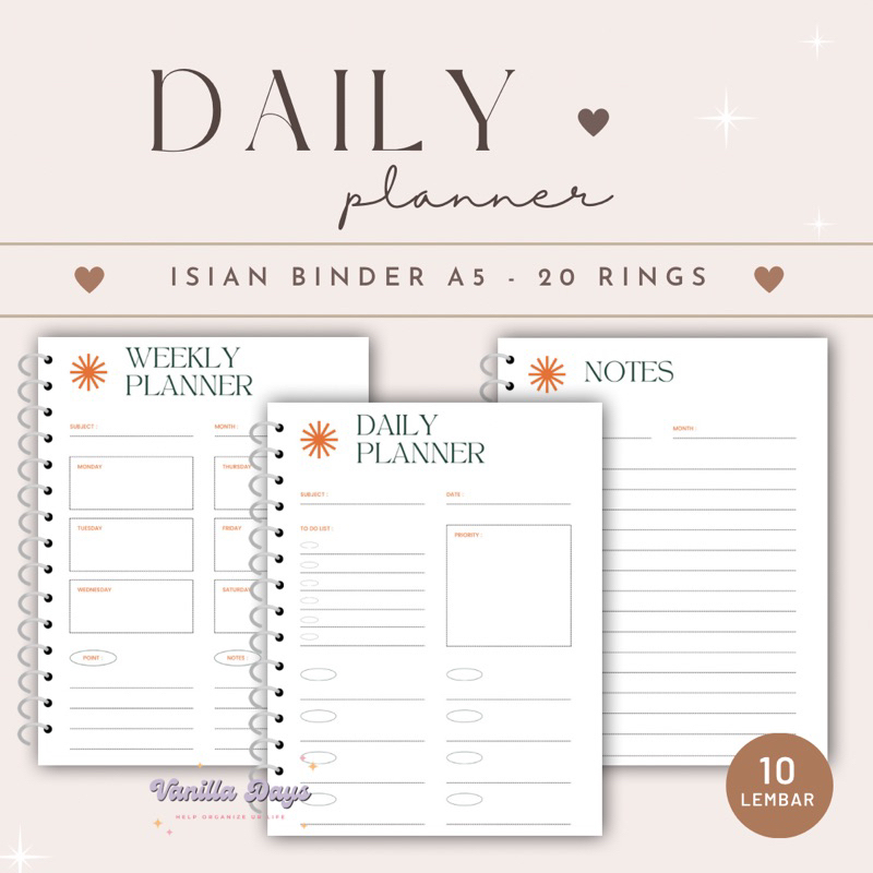 

[] Daily Planner Agenda Memo Notes Monthly Weekly Check List Kertas Refill Isian Binder Bullet Journal Bujo Loose Leaf Diary A5 B5 Fillable Catatan Harian Mingguan Bulanan Printable Goals Student Pelajar Produktif Productive Jadwal Editable Undated