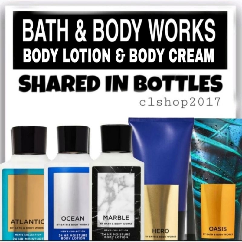 BBW MEN BODY CREAM SHARE IN BOTTLE 3 ML &amp; 30 ML MARBLE ATLANTIC TEAKWOOD STONE HERO LEGEND CHAMPION OASIS FRESHWATER BOURBON BATH &amp; BODY WORKS MEN MIX