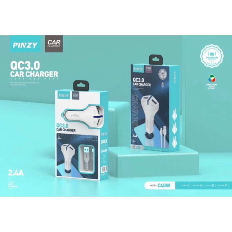 Car charger PINZY C40w QC 3.0 Saver Mobil 2 Port USB 2.4A Free kabel - Car charger C40w 2 port