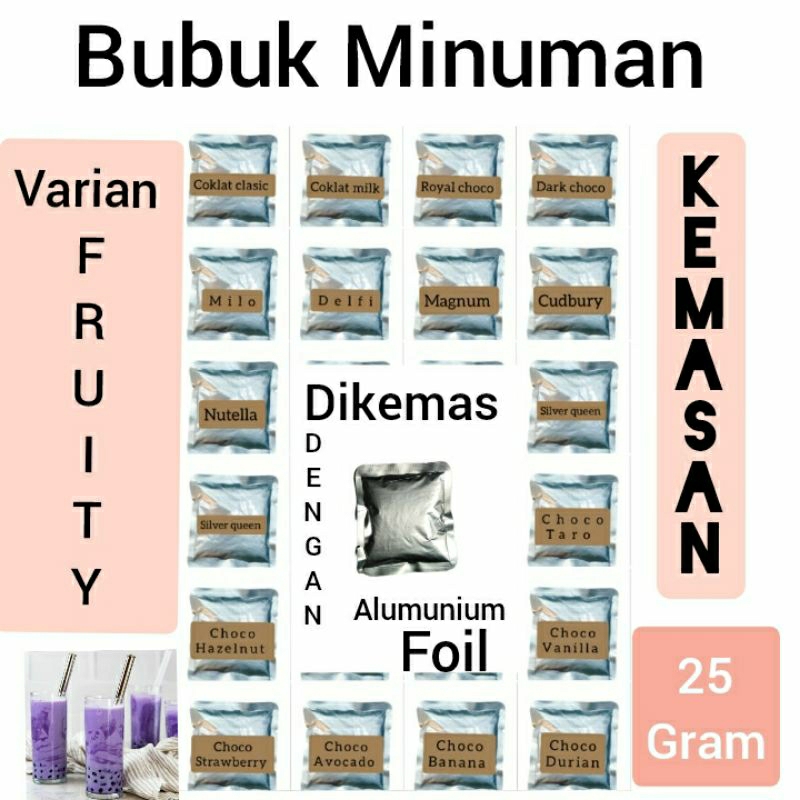 

Bubuk minuman rasa buah - buahan sudah mix gula kemasan praktis dan ekonomis repack 25 gr