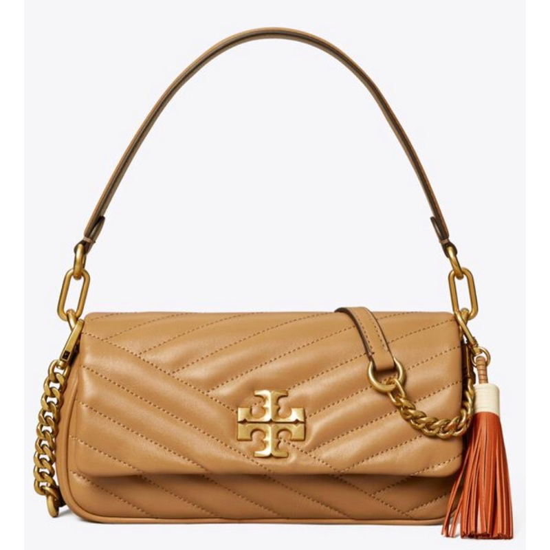 TORY BURCH KIRA CHEVRON TASSEL SMALL FLAP SHOULDER BAG DUSTY ALMOND