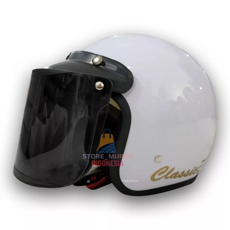 [ COD ] HELM BOGO CLASSIK GARIS TIGA KACA DATAR/CEMBUNG PACKING FREE BOX-PUTIH GLOSSY