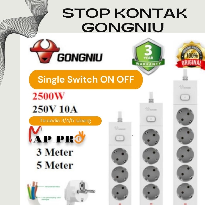 Stop Kontak GONGNIU/GONEO Single Switch On Off + Kabel. 3,4,5 Lobang