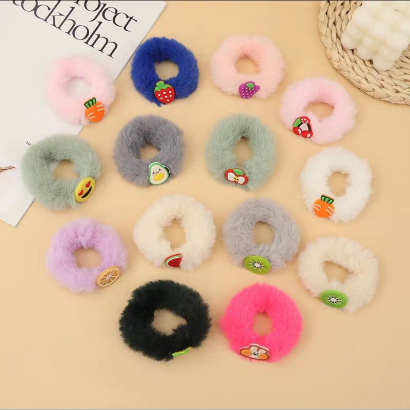 Ikat Rambut Bulu Model Korean Style Kuncir Bulu Halus Aksen Boneka Karakter / Ikat Rambut Ponytail Anak Korean Faux Fur Hair Ties