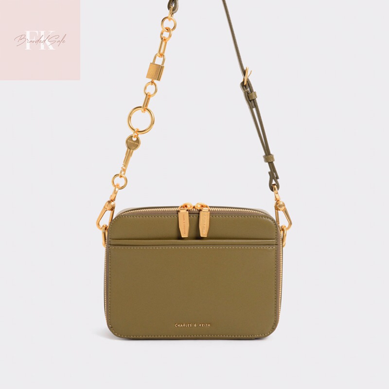 SALE Tas CHARLES & KEITH Original Store 100% Tas Selempang CK Chunky Chain Handle Two Way Zip (Olive