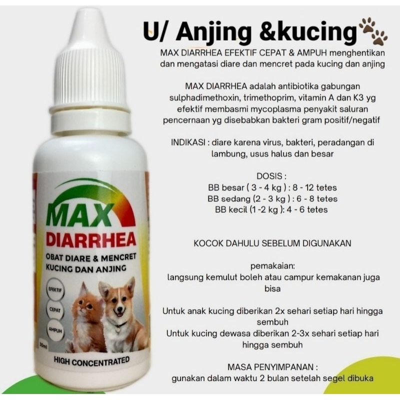 MAX DIARRHEA OBAT MENCRET DIARE ANJING KUCING KITTEN  AMPUH PENCERNAAN ANTIBIOTIK BAKTERI drop tetes 30 ml