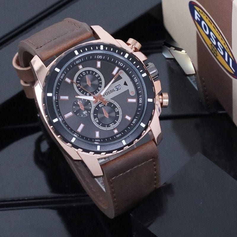 BISA COD | JAM TANGAN KULIT PRIA FO55IL 8896  Elegan tanggal aktif