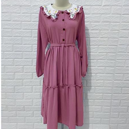 Gamis Viona Midi Dress Kerah Bordir Casual Fashion Muslim Terbaru