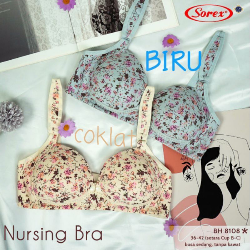 Sorex Bra Menyusui Motif Bunga Cantik Nursing Bra 8108 Tanpa Kawat Kait 3 Setara Cup B Busa Sedang