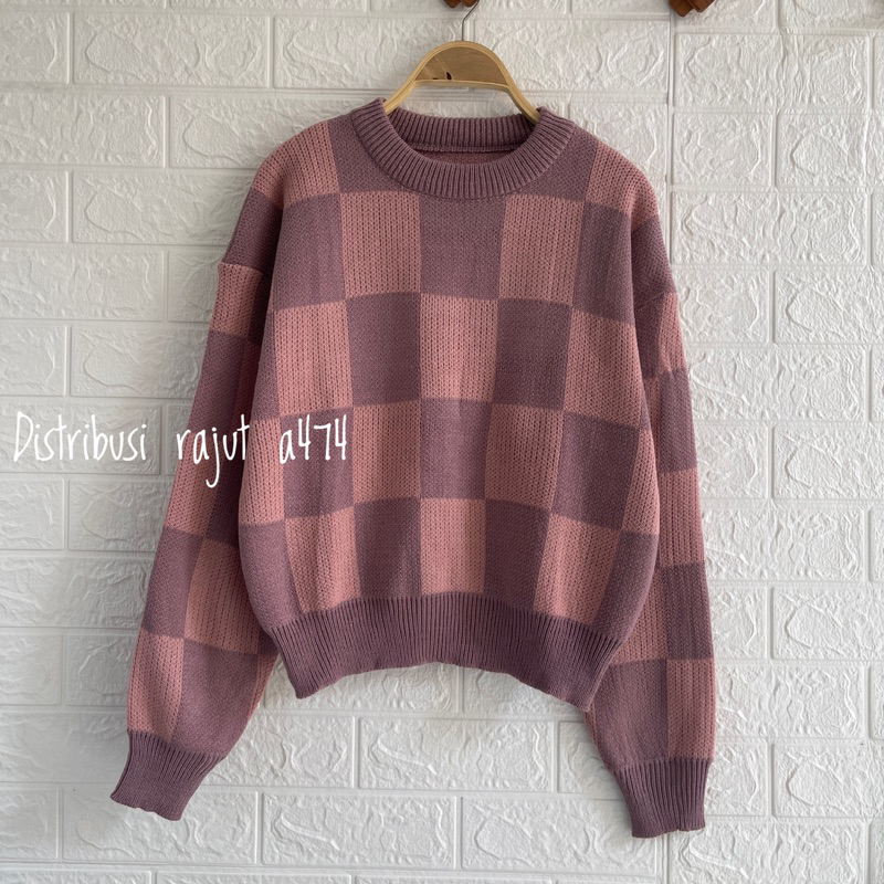 ANJANI BAJU ATASAN KNITWEAR SWEATER RAJUT KOTAK KOTAK OVERSIZE WANITA KOREAN STAYLE