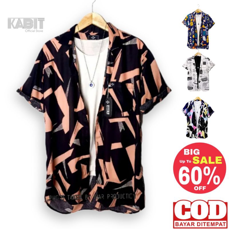 Kemeja Hawai Pria Baju Pantai Vintage Bali Bahan Rayon Printing Full Print Motif Abstrak Hitam Navy 