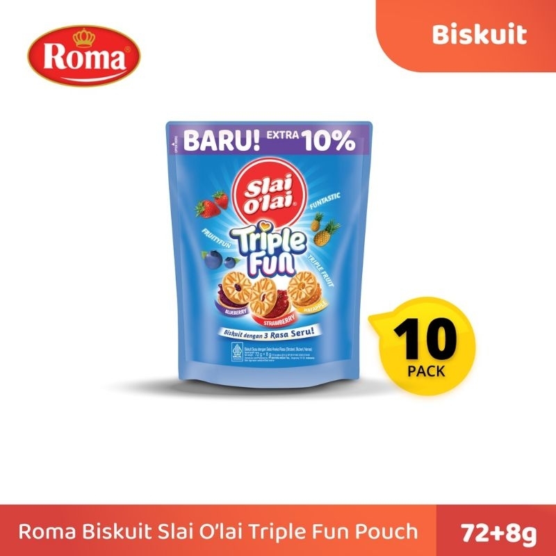 Roma Biskuit slai Olai triple fun 80 gram pouch share it isi 10