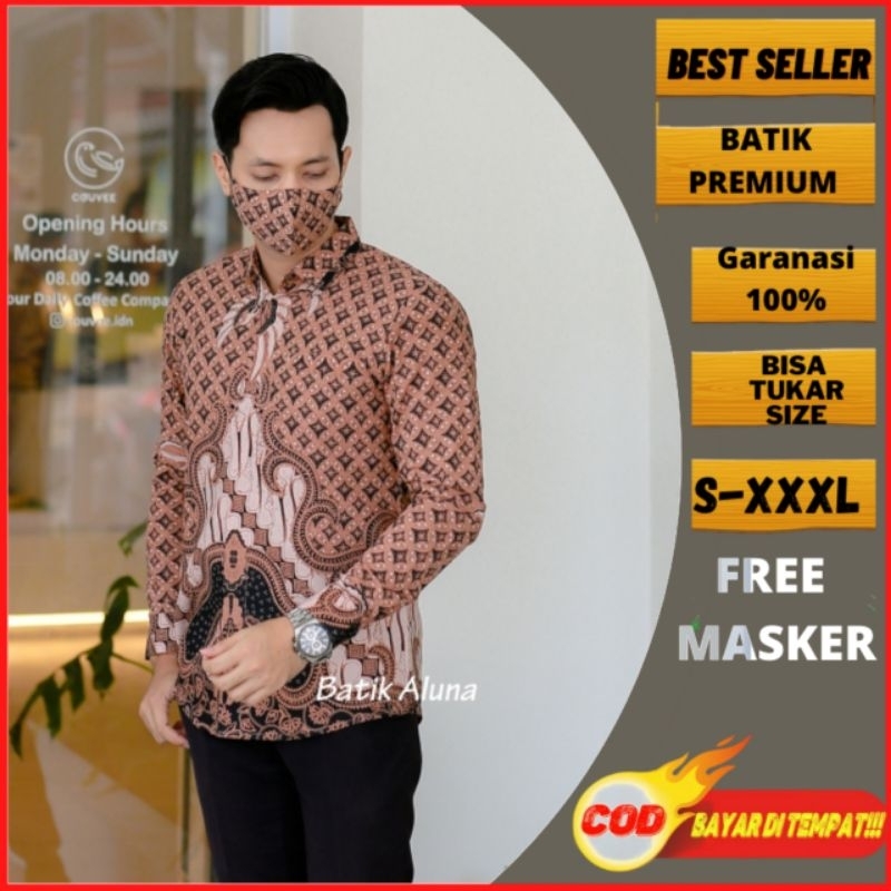 Batik pria slimfit katun  lengan panjang katun premium solo keris free masker SBA 007