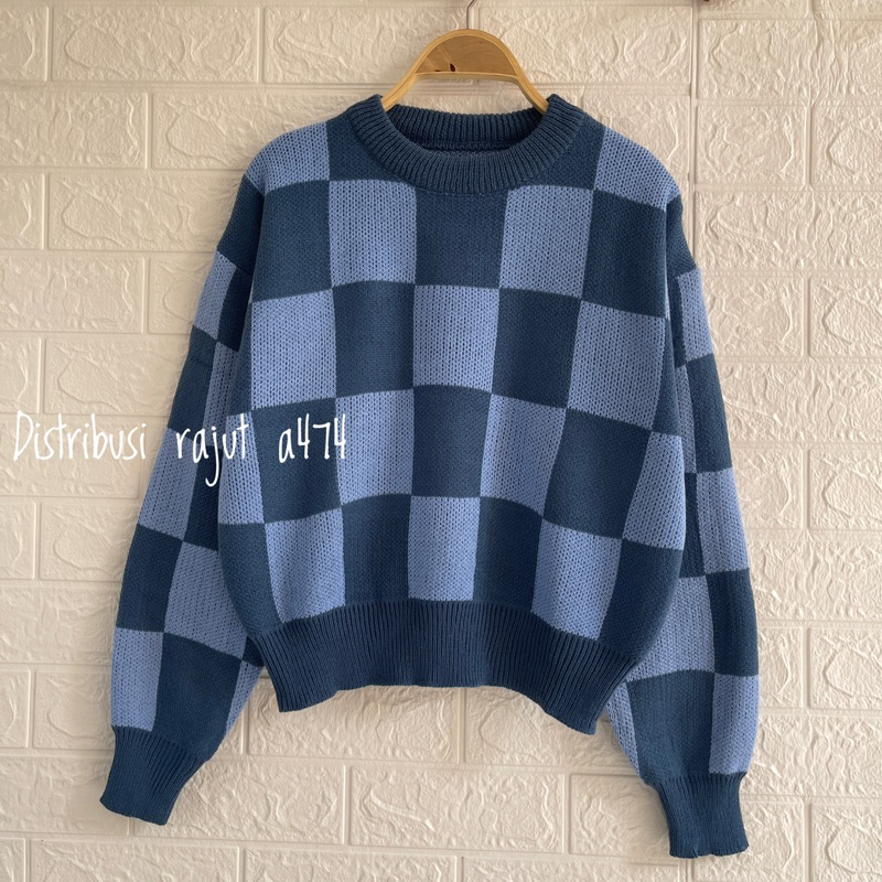 ANJANI BAJU ATASAN KNITWEAR SWEATER RAJUT KOTAK KOTAK OVERSIZE WANITA KOREAN STAYLE
