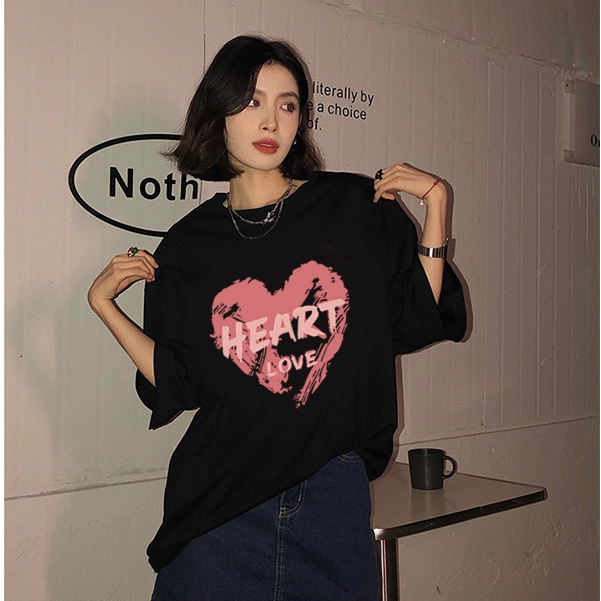 kaos wanita korean style heart graphic print t-shirt oversize lengan pendek import kaos hitam