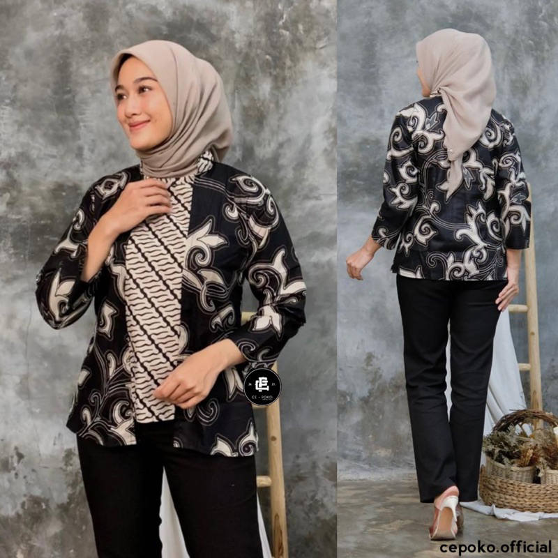 Blouse Batik Motif Mbok Jamu Baju Batik Wanita Kerja Lengan Balon Katun HRB 026 Modern Kekinian