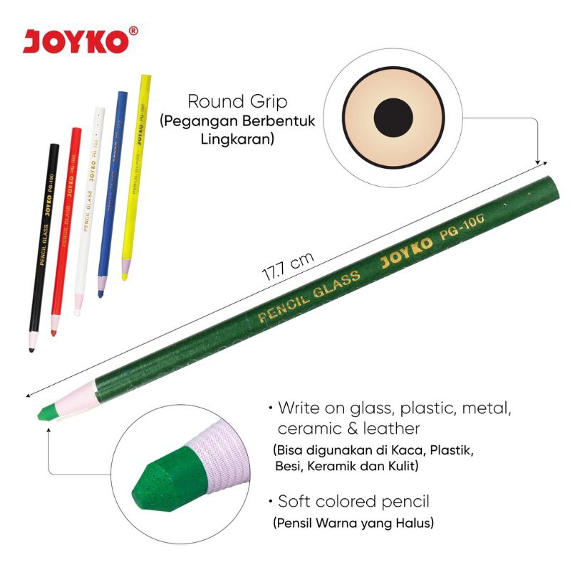 Pencil Glass Pensil Kaca Warna Joyko PG-100 1 lusin 12Pcs