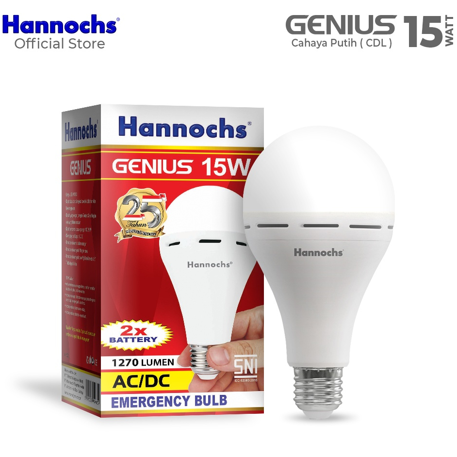 Hannochs Genius Bohlam Lampu LED Emergency 6-8-10-12-15 Watt Cool Daylight Putih BONUS Fitting Gantung