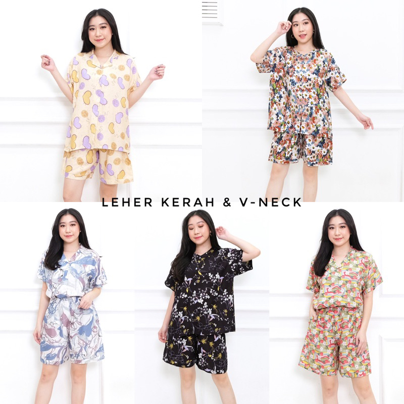 Set Piyama Baju Tidur Wanita Batik Stelan Lengan Pendek Kotak