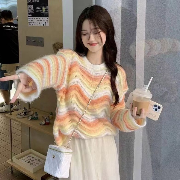 YIU YIU Rajut - Atasan Rajut Wanita Oversize Lengan Panjang Sweater Crewneck Knit