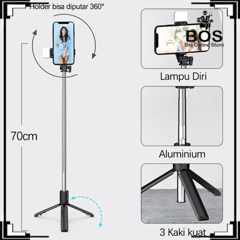 BOS - TONGSIS TRIPOD BLUETOOTH R1S LED 4 IN 1 / SELFIE STICK 4IN1 WITH REMOTE SHUTTER PLUS LAMPU FLASH